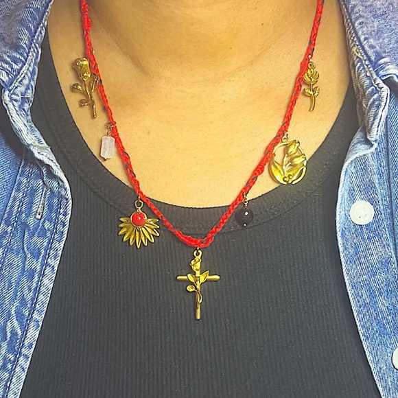 Jewelry - Spring/Summer 26’ Red & Black Cotton Rope Tulip Rose Cross Charm Necklace